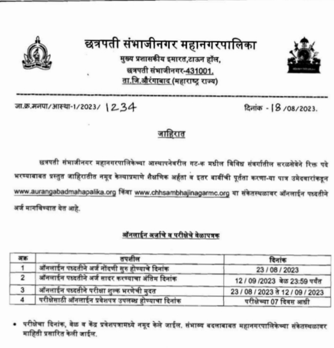 Sambhajinagar Mahanagarpalika Bharti 2023